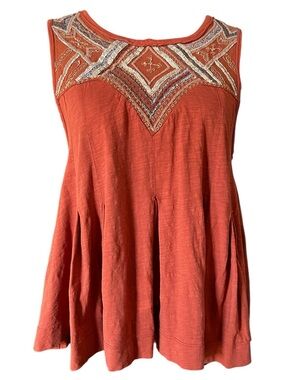 Free People Burnt Orange Embroidered Boho Tank Top Tie Back Flowy Size Small